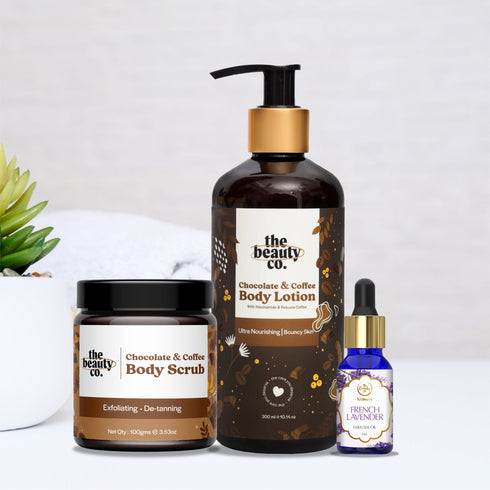 the beauty co Choco Coffee Selfcare combo Body Scrub and Lotion and French Lavender Essential Oil